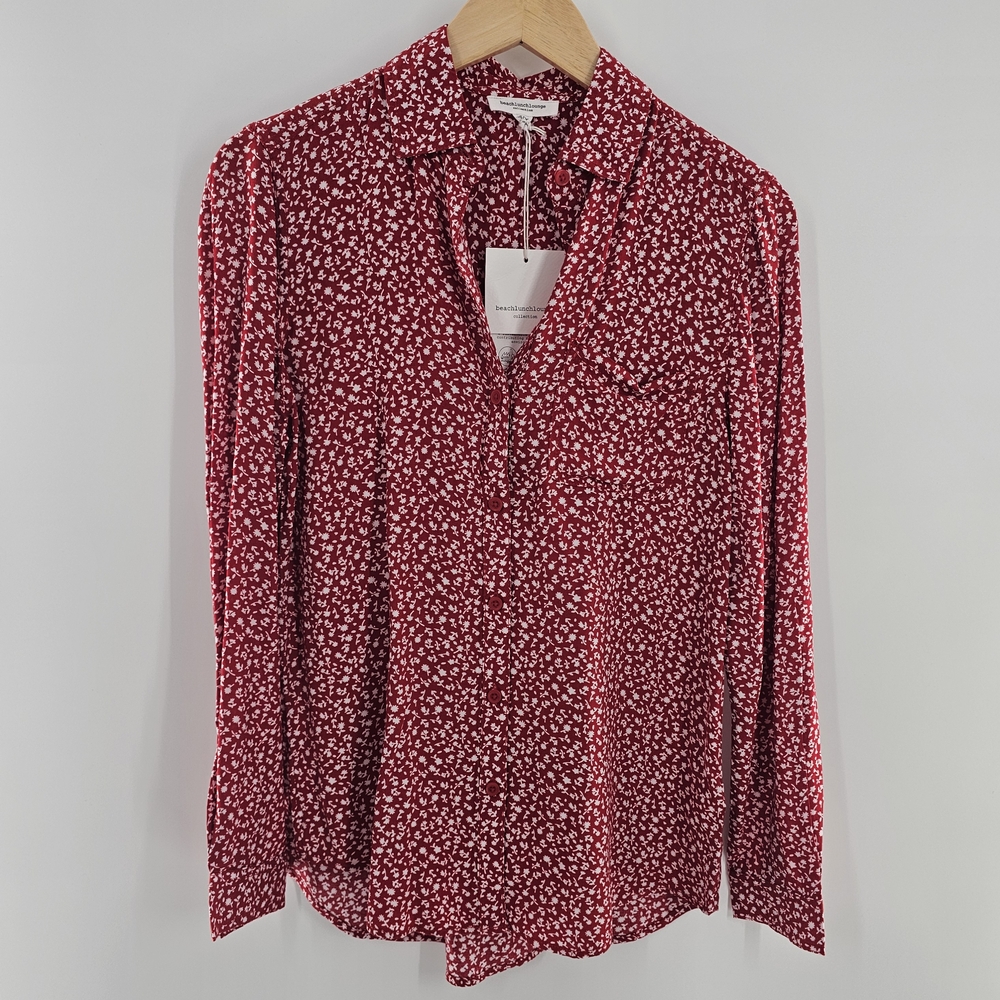 beachlunchlounge Red and White Floral Long Sleeve Button Up Womens Size XSmall